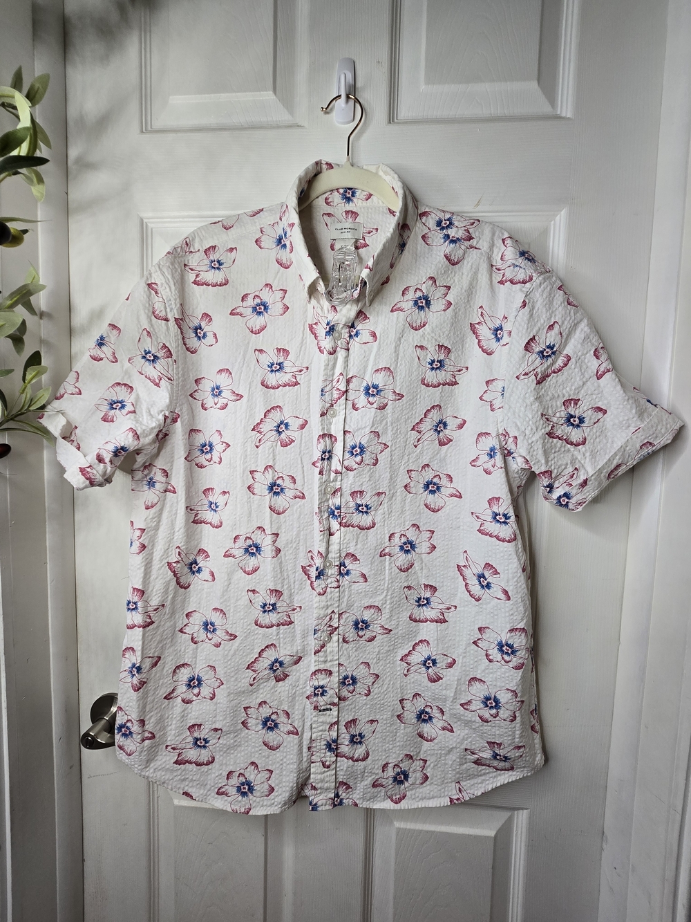 Club Monaco Slim Fit Seersucker Short Sleeve Floral Button Down Shirt XL